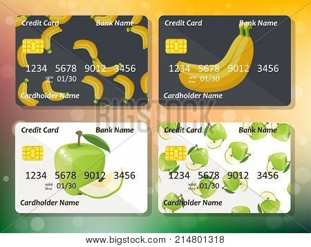 Original banana and apple credit card design on colorful bokeh background. Best design for bank credit card or gift card.