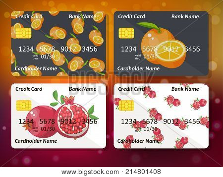 Bank credit card design with sweet oranges and pomegranates. Original credit or debit card design with orange. Great idea for credit or gift card design