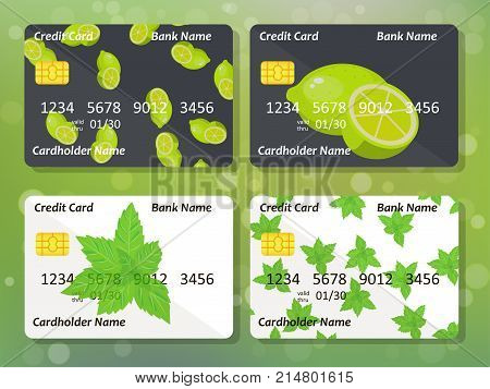 Sweet juicy whole and slice lime and mint on frontal side of credit card. Bank credit card design. Best choice for credit or gift card design