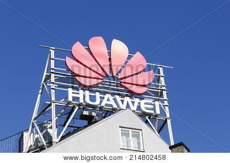 Copenhagen, Denmark - September 10, 2017: Huawei logo on a building. Huawei is a Chinese multinational networking and telecommunications equipment and services company headquartered in Shenzhen