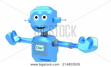 Blue shiny robot with friendly face with inviting gesture and little screen on his belly with the word chat chatbot concept 3D illustration
