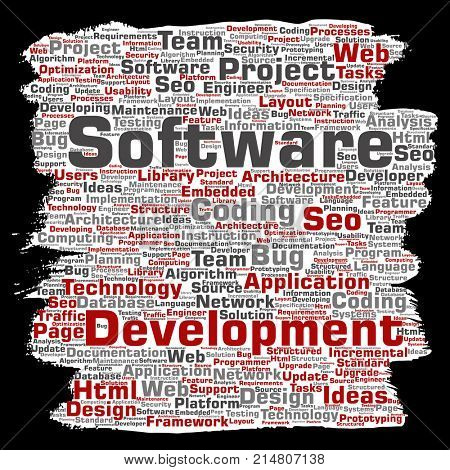 Conceptual software development project coding technology paint brush paper word cloud isolated background. Collage of application web design, seo ideas, implementation, testing upgrade concept