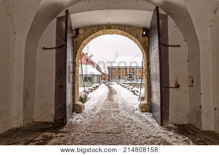 Varazdin Old Town gate in winter time, one of the most important tourist centers of northern Croatia.