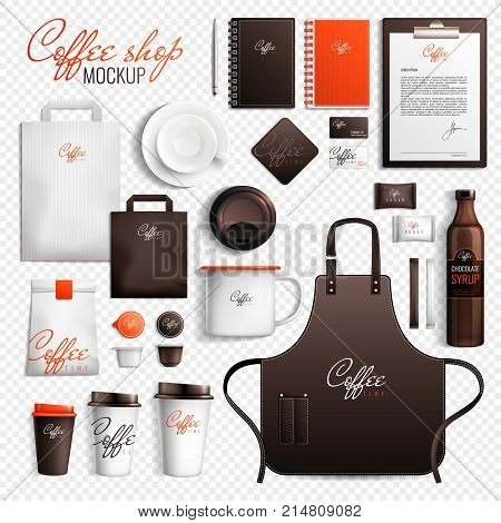 Mockup coffee shop design branding elements set on transparent background with isolated images of merchandise items vector illustration