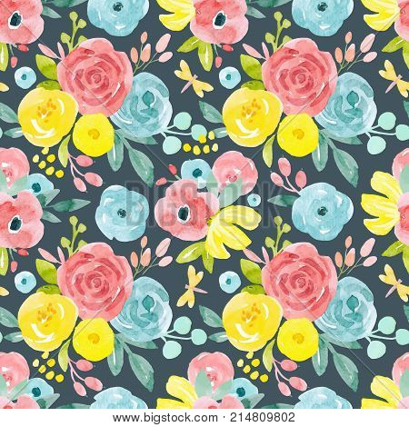 Beautiful seamless vector pattern with abstract hand drawn watercolor flowers