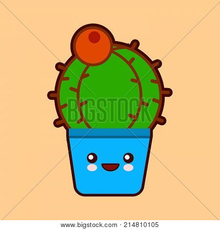 cartoon cactus icon with funny face in pot kawaii plant character Flat design  Illustration