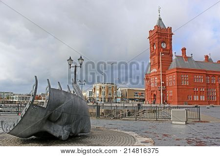 Pierhead building and sculpture in Cardiff Bay, Wales