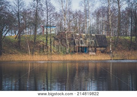Old Wooden Bath On The Lake Shore