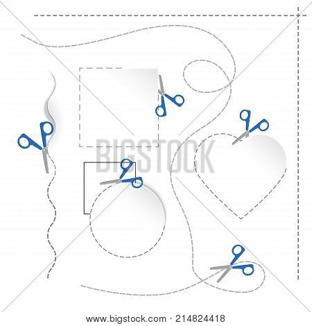 Dashed wavy and straight lines with scissors cutting round square and heart shape figures set of vector illustration isolated on white background