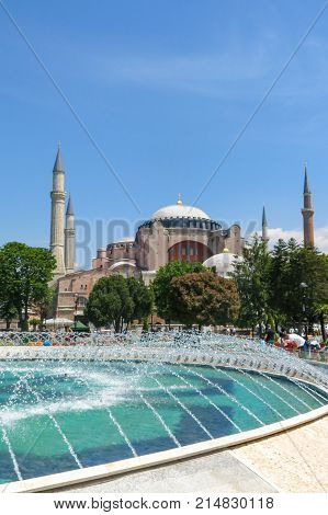 ISTANBUL TURKEY - MAY 20 2016: Istanbul Sultanahmet square with views of the Hagia Sophia. More than 32 million tourists visit Turkey each year.