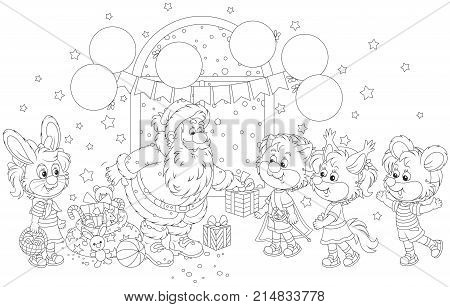 Santa Claus giving Christmas presents to little children in masquerade masks of funny animals