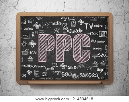 Marketing concept: Chalk Pink text PPC on School board background with  Hand Drawn Marketing Icons, 3D Rendering