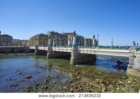 San Sebastian (Donostia) Spain - March 16, 2017. Kursaal bridge with Parte Vieja in background. Basque Country Guipuzcoa. Spain.