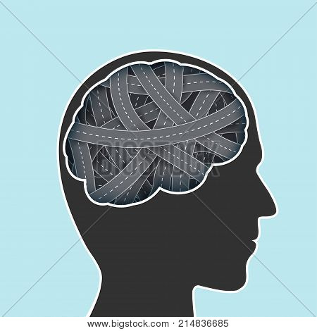 Human head with a brain in the form of a road. Stock vector illustration.