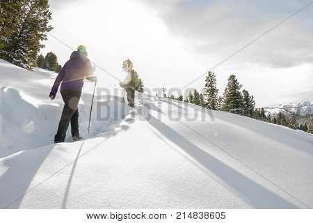 Two Happy Women Traveler With Backpacks Walking In Winter Mountains Forest