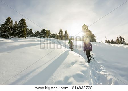 Two Happy Women Traveler With Backpacks Walking In Winter Mountains Forest