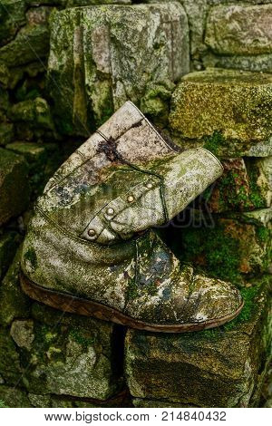 An old tall gray boot in mud and green moss near a brick wall