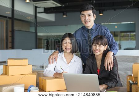 Young Asian Woman Holding Box With Smiling Together, Young Owner Woman Start Up For Business Online,