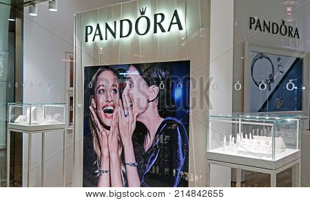 Sydney Australia - November 03 2017: Pandora jewelry store in in Queen Victoria Building. Pandora is a company that designs manufactures and markets hand-finished modern charms.