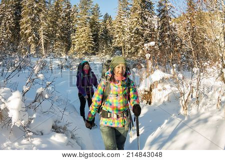 Two Happy Women Traveler With Backpacks Walking In Winter Forest