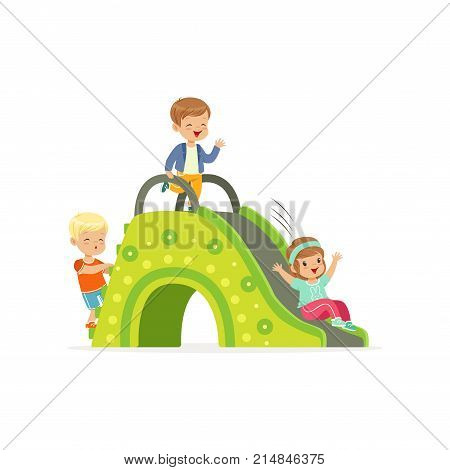 Little kids, two boys and girl playing on colorful slide at playground. Happy childhood. Kindergarten yard equipment for games. Cartoon design character. Flat vector illustration isolated on white.