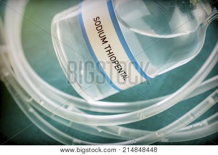 Vial with Sodium Thiopental used for euthanasia and lethal inyecion in a hospital, conceptual image