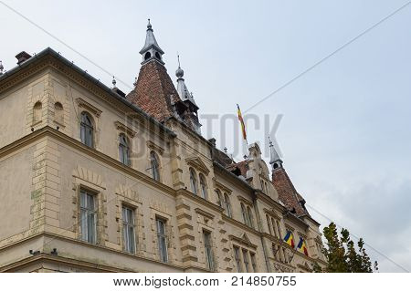 Fragmant of the City Hall building in the castle of old city. Sighisoara city in Romania