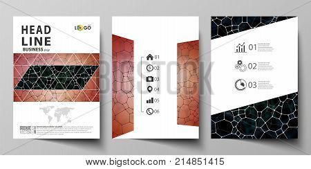 Business templates for brochure, magazine, flyer, booklet or annual report. Cover design template, easy editable vector, abstract flat layout in A4 size. Chemistry pattern, molecular texture, polygonal molecule structure, cell. Medicine, science, microbio