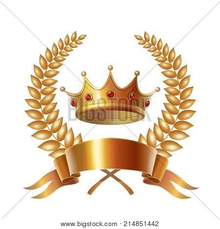 Gold vintage crown, ribbon and laurel wreath, royal emblem.