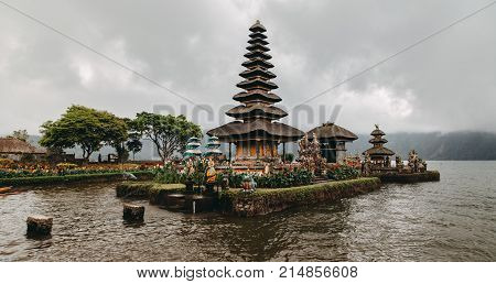 Ulun Danu Bratan (pura Ulu Danau) Temple. Famous Place, National Landmark Of Bali, Indonesia. Panora
