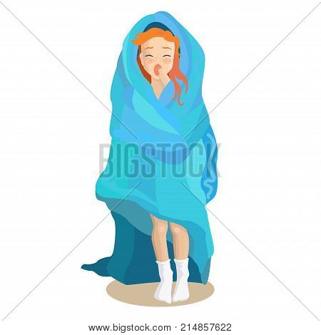 Vector sleepy girl standing in blue blanket and yawning