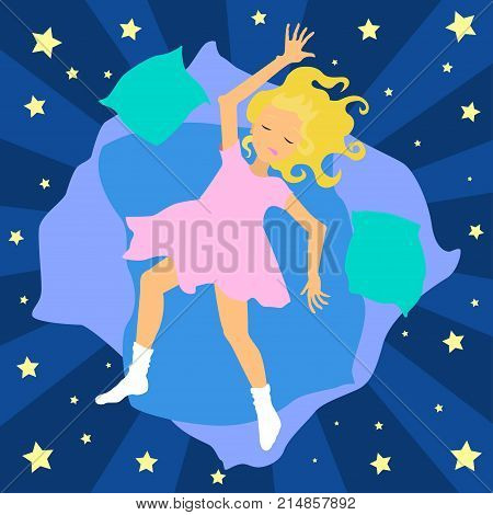 Vector blonde girl laying on the blue blanket with stars