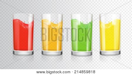 Fruit colored juices. Transparent glasses with fruit drink, red, orange, green, yellow.