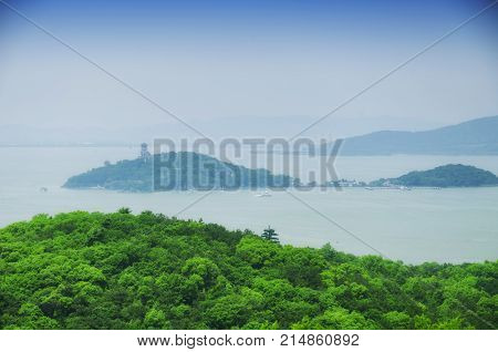 Three mount Island in lake Tai or Taihu in Wuxi China located in Jiangsu Province.