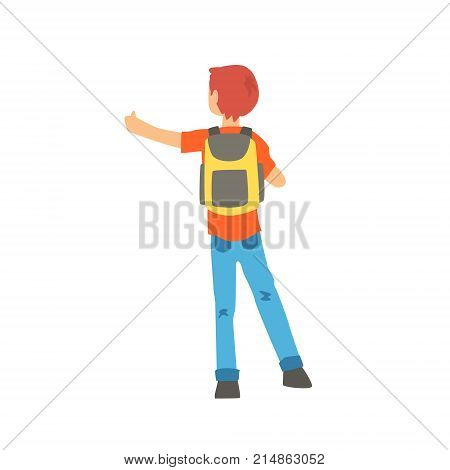 Young male hitchhiker traveling with backpack, man trying to stop a car on a highway by hand, back view, travelling by autostop cartoon vector Illustration on a white background