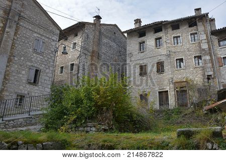 The hill village of Erto in Friuli Venezia Giulia north east Italy. The village is famous locally for having being evacuated when it was heavily damaged as a result of the 1963 Vajont Dam disaster.