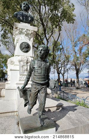 LISBON, PORTUGAL - NOVEMBER 4, 2017: Close-up on a monument to Eduardo Coelho at Sao Pedro de Alcantara viewpoint (Miradorou) in Bairro Alto neighborhood
