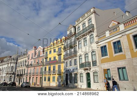 LISBON, PORTUGAL - NOVEMBER 4, 2017: Colorful facades at Principe Real square in Bairro Alto neighborhood