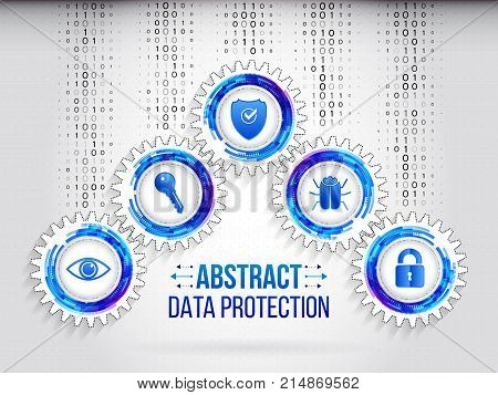 Global network security on the grey background. Digital technology protection concept. Abstract safety mechanism which is made of gears icons eye key shield hacker bug and padlock.