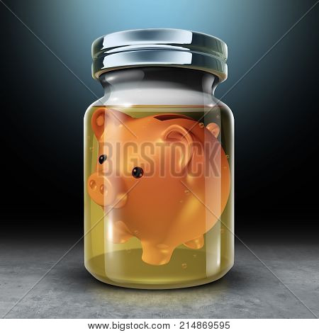Preserve money and financial savings and long term budget economic planning concept as a piggy bank inside a jar full of formaldehyde liquid as a 3D render.