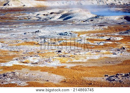 Fumarole field in Namafjall Iceland. Geothermal beauty landscape.