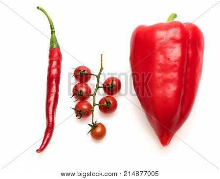 Tomato Branch With Hot Pepper. Cherry Tomatoes With Bell Pepper