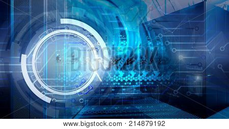 Hologram information technology background with contacts the circuit Board on the background of the server room and the patch cord connected to the receivers