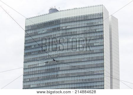SARAJEVO, BOSNIA AND HERZEGOVINA - AUGUST 21 2017: Architectural detail of the Parliament building in Sarajevo renewed after the war