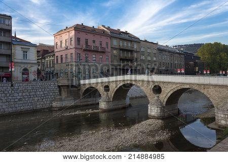 SARAJEVO, BOSNIA AND HERZEGOVINA - AUGUST 18 2017: THe famous Latin bridge in Sarajevoon Milijacka river in summer season