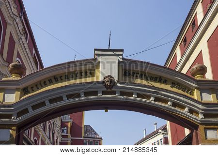 SARAJEVO, BOSNIA AND HERZEGOVINA - AUGUST 19 2017: Main gate of the beer museum in Sarajevo