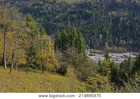 The autumn landscape around the small hill village of Erto in Friuli Venezia Giulia north east Italy.