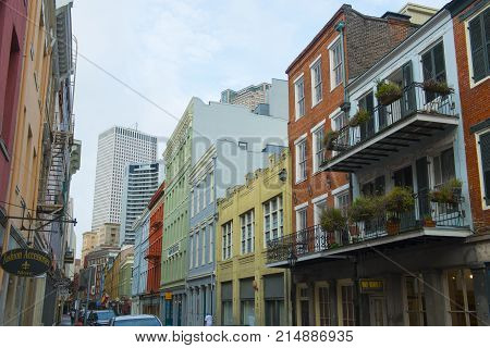 NEW ORLEANS - MAY. 31, 2017: Historic Buildings on Chartres Street between Iberville Street and Bienville Street in French Quarter in New Orleans, Louisiana, USA.