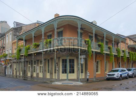 NEW ORLEANS - MAY. 31, 2017: Historic Buildings at the corner of Chartres Street and Conti Street in French Quarter in New Orleans, Louisiana, USA.