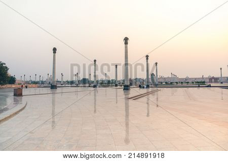 Pillars depecting elephants with their reflections on the ground. Shot at the famous landmark Ambedkar park in Lucknow